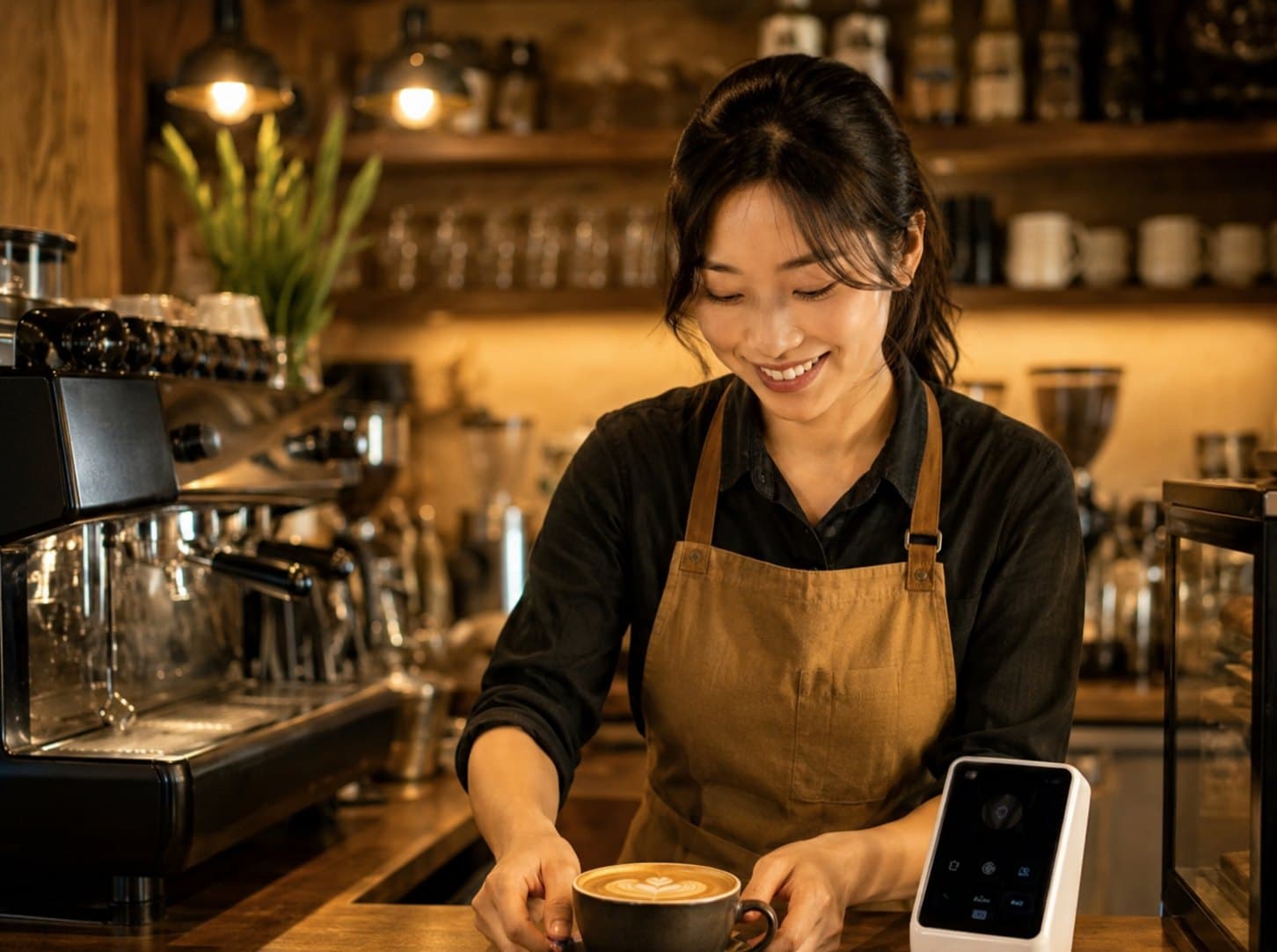 Chủ quán cà phê nhận thanh toán tại quầy